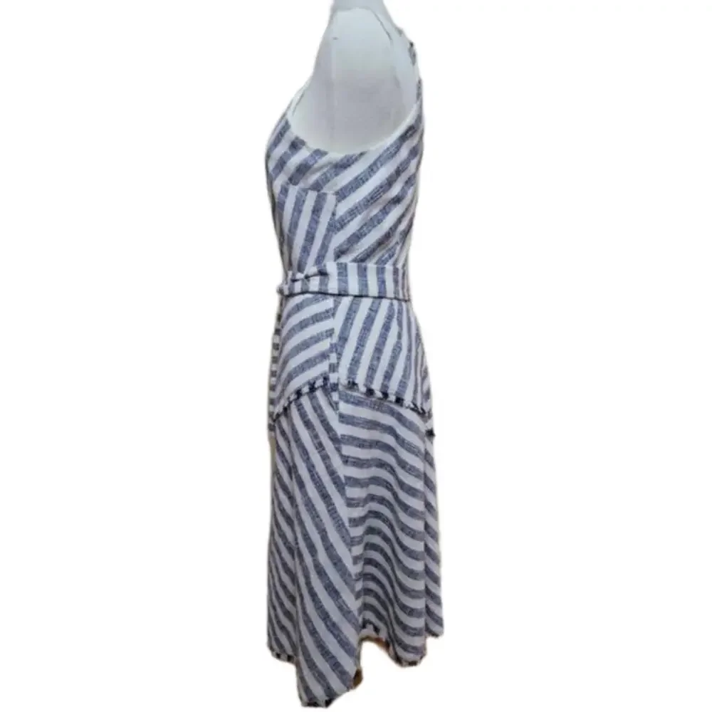Banana Republic Tweed Tassle Asymmetrical Hem Belted Blue/Cream Stripe Dress 2 - Picture 3 of 7